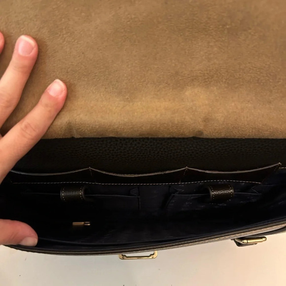 ! Brooks Brothers Genuine Pebbled Leather Trolley Travel Bag Brown And G… - Picture 4 of 11